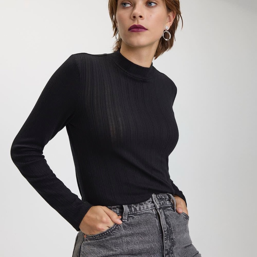 Black Basic Classic Ribbed Long Sleeve Mock Neck Top
